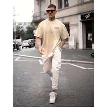 T-shirt - Faıth Over Fear Baskılı Oversize Bisiklet Yaka Kısa Kol Tişört Bej