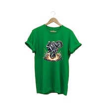 Racing Motosiklet Baskılı Ön Kaldıran Motorcu %100 Pamuk Regular Fit Unisex T-shirt Yeşil