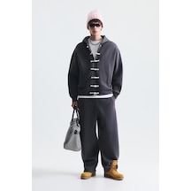 Süslü Düğme Sweatshirt Ve Barrel Fit Eşofman Takım Füme