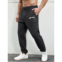 New York Eşofman Altı Jogger - Siyah Baskılı Lastik Paça Yüksel Bel Siyah