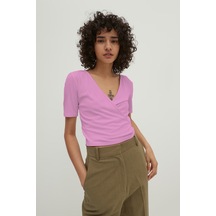 Rooted- Kadın V Yaka Crop Fitilli Kaşkorse Bluz Pembe
