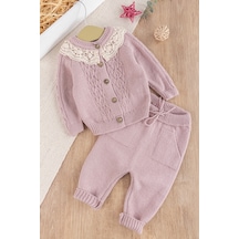 Babymod Dantel Yakalı Triko Kız Bebek Hırka Pantolon Takım Triko Bebek Seti 001