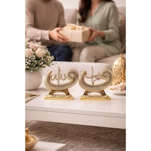Taş İşlemeli Gold Biblo Allah & Muhammed S.a.v Vav Ve Elif Figürlü Masa Üstü Biblo 2 Li Set 18 Cm Sarı