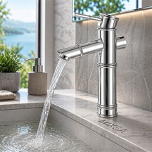 Lüx Premium Krom Bambu Çanak Lavabo Bataryası Çanak Lavabo Uyumlu Parlak Gri Batarya