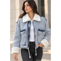 Polo State Kadın Peluş Detaylı Cepli Yıkamalı Jean Ceket mavi