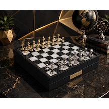 Kişiye Özel Lüks Metal Satranç Takımı Mermer Desenli Sandıklı Premium Oyun Seti 20 Cm. Klasik Figür