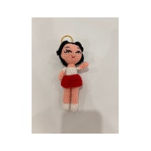 Amigurumi El Örgüsü Siyah Saçlı Kız Bebek Anahtarlık Figür Kırmızı Kırmızı