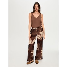 Faik Sönmez Soyut Çiçek Desen Ketenli Wide Leg Fit Pantolon S26pnt035 Us26pnt03530 Kahve