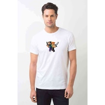 Minecraft Illüstrasyon Baskılı Beyaz Erkek Tshirt