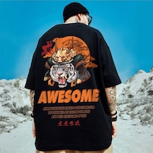 Flood Of Style Erkek Siyah Awesome Baskılı Oversize Biziklet Yaka Tişört