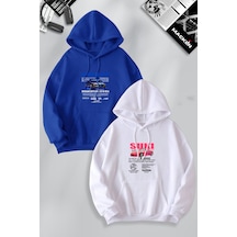 Macklin Sevgili Çift Kombin Hızlı Ve Öfkeli Bullet & Suki Ön Baskılı Kapüşonlu Sweatshirt 2li Set Takım Mavi Beyaz Mck1289 Çok Renkli