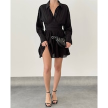 Fashion Cocktail Gömlek Stil Düğmeli Yakalı Belden Oturtmalı Transparan Üst Kloş A Formlu Skater Şifon Gece Elbisesi Siyah