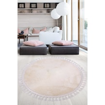 Relax Krem Yuvarlak 100x100 Cm Ponpon Saçaklı Kaymaz Tabanlı Maki Krem