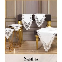 Krem-krem Samina Model Çeyizlik Dantelli Keten Masa Örtüsü Runner Seti Salon Takımı 5 Parça
