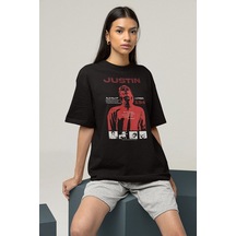 Tasarım Şarkıcı Justin Bieber Baskılı Unisex Oversize Tişört Siyah