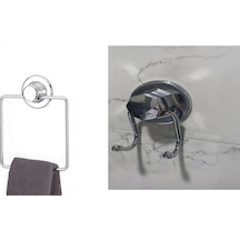 Hem Vakumlu Hem Vidalı Banyo Aksesuarı 2 Li Set Kare Havluluk + Havlu Askısı Krom Krom