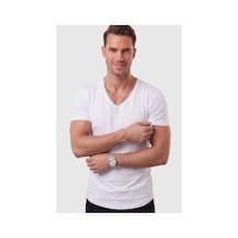 Deepsea Beyaz Erkek Slim Fit Derin V Yaka Basic Tişört %90 Pamuk Likralı Asimetrik Kesim 2602265