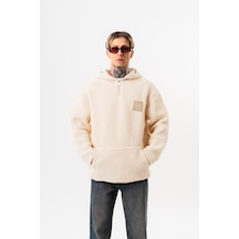Respire Erkek Yarım Fermuarlı Kapüşonlu Oversize Peluş Hoodie Ekru