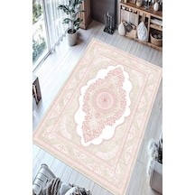 Klasik Göbekli Desen Baskılı Kaymaz Yıkanabilir Salon Oturma Odası Mutfak Antre Halısı Yolluk Pembe