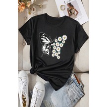 Kelebek Papatya Baskılı Süprem Siyah T-shirt - Oversize Bisiklet Yaka Tişört Siyah4-280228