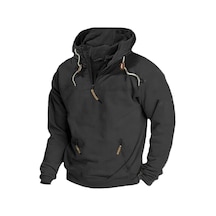 6 Erkek Kapüşonlu Düz Renk Spor Günlük Bol Sweatshirt Siyah