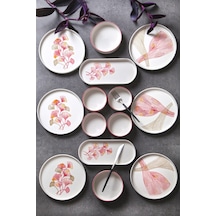 Kitchen Life 14 Parça 6 Kişilik Ginkgo Stackable Kahvaltı Takımı - Kahvaltılık Ekru Pembe Fuşya