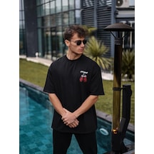 Barlashive Erkek Kısa Kol Tişört Bisiklet Yaka Box Eldiven Baskılı T-shirt - Siyah Çok Renkli