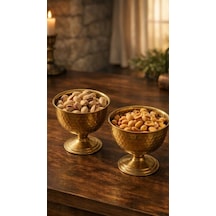 2'li Gold Metal Ayaklı Çerezlik & Lokumluk - Dövme Desenli Gold Sunum Kasesi 240ml