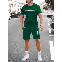 Newyork Çizgi T-shirt Şort - Yeşil Alt Üst Kombin Şort Tişört Takım Baskılı Oversize Bisiklet Yaka Yeşil
