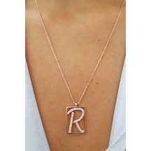 R Harfi Zirkon Taşlı Gümüş Rose Kolye