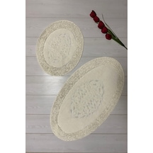 Oval Pamuk Makarna Damaks 2'li Klozet Takımı Banyo Paspas Seti Beyaz 60 x 100 / 50 x 60 CM Beyaz