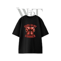 Thewert Boks Eldiveni Tasarım Baskılı Ünisex Siyah Oversize T-shirt