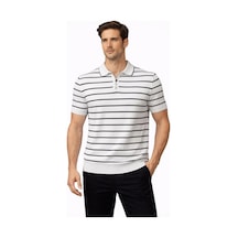 Erkek Triko Polo Yaka Fermuarlı Çizgili Tişört T-shirt Yazlık Şık - Beyaz