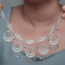 Gümüş Ay Dansı Telkari Kadın Kolye Beyaz