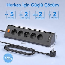 5 Li Köşe Priz 2 Usb-a 2 Usb-c Girişli 2 Metre Kablolu Gece Işıklı Akım Korumalı Masaüstü Çoklu Priz 3680w 1 - 3 M