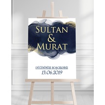 Söz Nişan Düğün İçin 50x70 Karşılama Panosu - Mavi Zemin Tasarımlı Beyaz