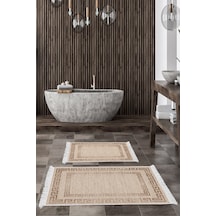 Dekoreko Kaymaz Taban Djt 2 Li Banyo Paspas Takımı Star Pamuk Saçaklı Modern F5036 Bej