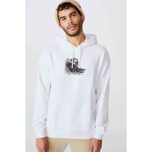 Owl Kuş Baskılı Beyaz Erkek Örme Kapşonlu Sweatshirt (531032037)