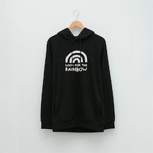Gökkuşağı Temalı Özel Tasarım Baskılı Kapüşonlu Sweatshirt Siyah