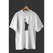 Noıssey -wed Özgürlük Heykeli 2 Tasarım Baskılı Oversize T-shirt Tişört Beyaz