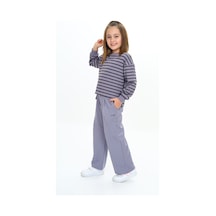 Toontoy Kids Toontoy Kız Çocuk 2'li Takım Çizgili Bisiklet Yaka Yırtmaçlı Sweatshirt & Beli Lastikli Bol Paça Eşofman Altı - 2 İplik Koyu Gri