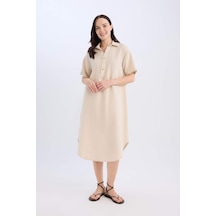 DeFacto Regular Fit Düğmeli Polo Yaka Basic Düz Müslin Kısa Kollu Midi Elbise D5363AX24AUBG186