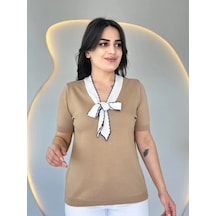 Defymoda Kadın Kısa Kollu V Yaka Fular Detay Merserize Triko Bbluz Sütlü Kahve