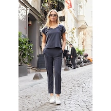 Jument Kadın Modal İpeksi Likralı Kumaş V Yaka Duble Kollu Apoletli Yanları Yırtmaçlı T-shirt Bluz-lacivert Lacivert