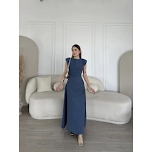 Defymoda Keten Yandan Yırtmaçlı Uzun Sıfır Kolsuz Elbise - Mavi Mavi