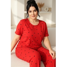 Siyah İnci Büyük Beden Battal Örme Pijama Takım 7614 Kırmızı
