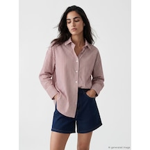 Lcw Vision Mürdüm Çizgili Oversize Poplin Kadın Gömlek