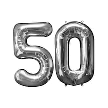 50 Yaş Sayı Folyo Balon Gümüş 40 İnç 100 Cm Çok Renkli