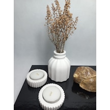 İnce Çizgili Vazo - Modern & Minimal Dekoratif Obje, Salon Ve Ofis Çiçeklik, Beyaz Beyaz