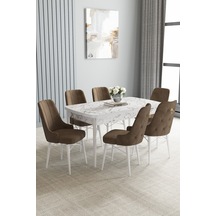 Jusie Beyaz Mermer Desen 80x132 Açılabilir Yemek Odası Takımı 6 Adet Sandalye Kahverengi